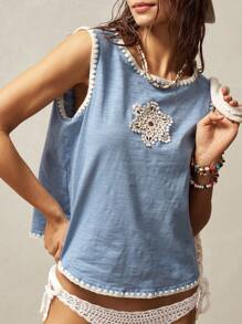 Bohemela BOHO Women's Sleeveless Snowflake Cutout Contrast Color Cute Casual Tank Top