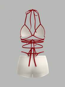 SHEIN ICON Bộ áo ba lỗ hở lưng màu tương phản cổ yếm và quần short ngắn cho nữ - Đỏ - Xem 6