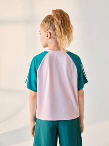 JNSQ Camiseta de manga corta casual y deportiva para niña de verano, Top casual y deportiva de cuello redondo con bloques de color para niños