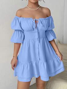 Calvaya Vestido corto con hombros descubiertos, volantes, lazo y volante en el bajo, vestimenta femenina y elegante para mujeres