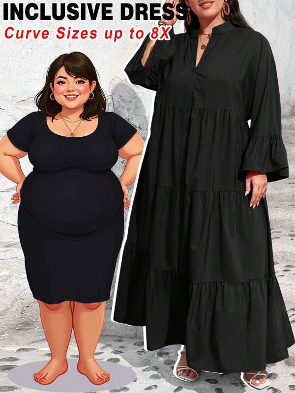 SHEIN CURVE+ Rochie cămașă de mărime mare pentru femei, țesută ocazională de vacanță