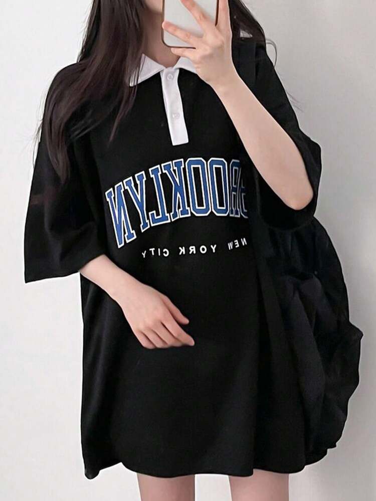 Women's Colorblocked Collar & Letter Printed T-Shirt Summer,Graphic Tees