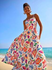 Travachic Woven Printed Sleeveless Hollow-Out Dress For Women, Spring/Summer Vacation