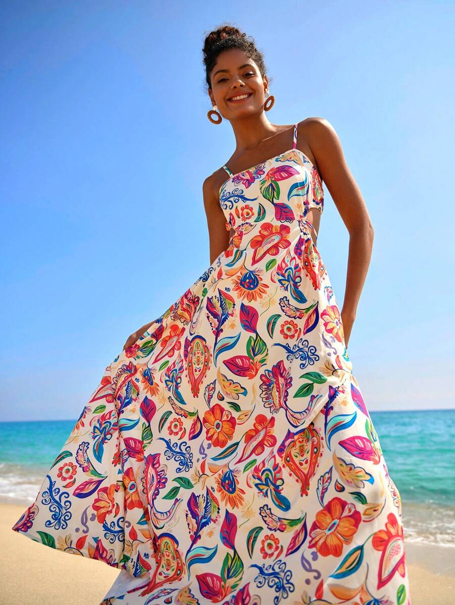 Travachic Woven Printed Sleeveless Hollow-Out Dress For Women, Spring/Summer Vacation