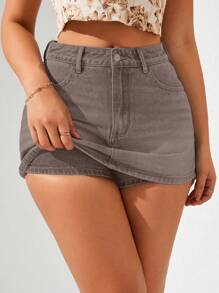 SHEIN Privé 女式休闲百搭牛仔短裙，带口袋 - 棕色 - 查看 3