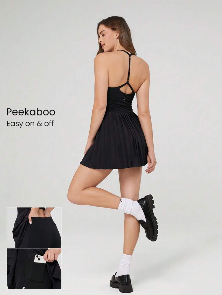 FeatherFit™-Air Easy Breezy Peekaboo Square-Neck Adjustable Racerback Pleated Active Dress With Built-In Shorts Side Pockets Non-Slip Grips Low Impact Tennis Golf Pickleball Daily Wear Removable Cups