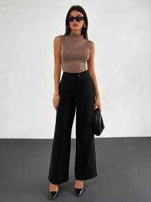 EURMUSE Women Solid Color Wide Leg Button Detailed Pants - Black - View 4