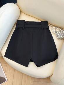 Franclia Women's A-Line Ruched Waist Loose Shorts With Belt - Black - View 2