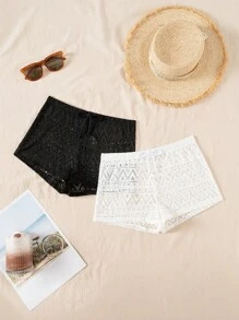 Swim Basics 2pcs/Set Women Lace Boxer Briefs, Black And White For Summer Beach Vacation - Black and White - View 2