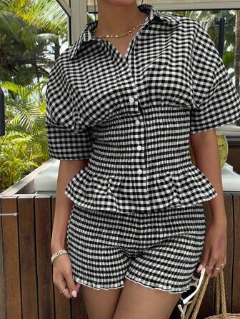 MainGRL 2pcs/Set Women Red Plaid Woven Ruched Waist Shirt & Shorts