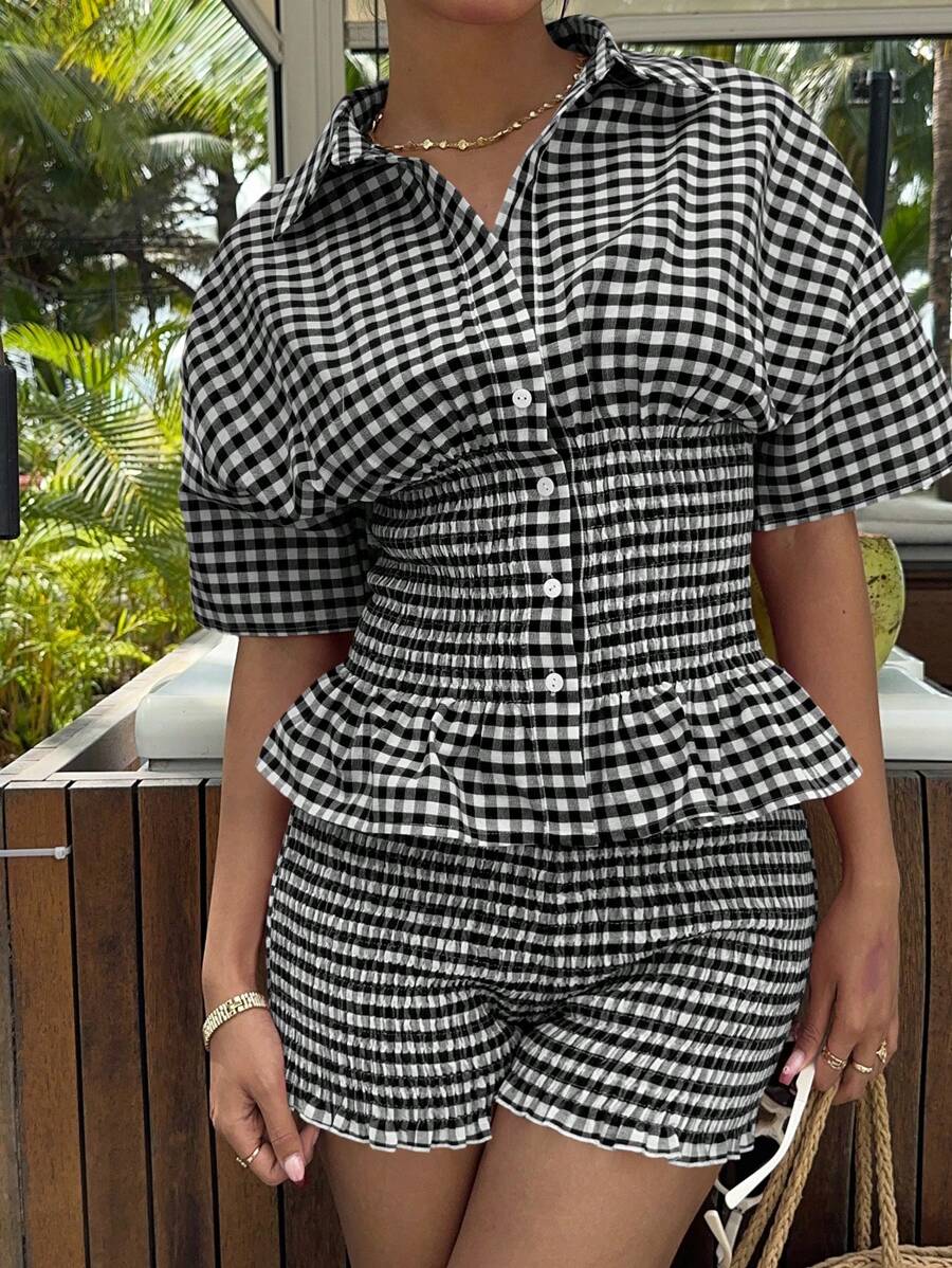 MainGRL 2pcs/Set Women Red Plaid Woven Ruched Waist Shirt & Shorts