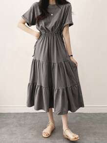DAZY 夏季纯色抽绳松紧腰休闲日常连衣裙，荷叶边连衣裙 - 深灰色 - 查看 7