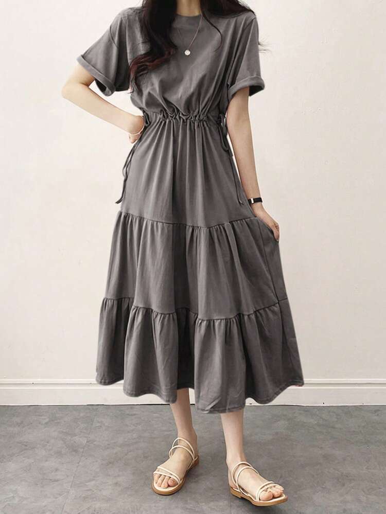 Summer Solid Color Drawstring Elastic Waist Casual Daily Dress, Ruffle Dress