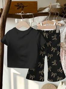 SHEIN Leap Crew Young Girl Casual Cute & Sweet Leopard Print Bow Decor Short Sleeve Top And Flare Pants 2 Pieces Set, Suitable For Summer - Multicolor - View 3