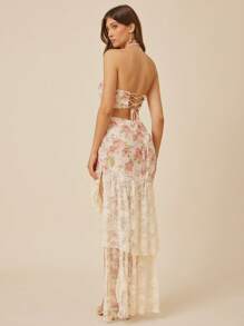 L'Amorae Rochie de damă cu imprimeu floral, decupat în talie, cu volană, tiv, rochie de vacanță - Caisă - Vizualizare 3