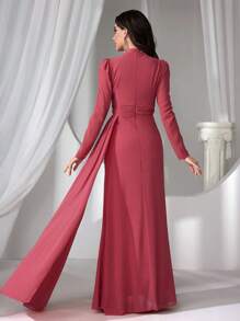 Coutiva Women Stand Collar Faux Pearl Long Evening Gown, Wedding Guest Dress Dress, Party Dress, Formal Dress