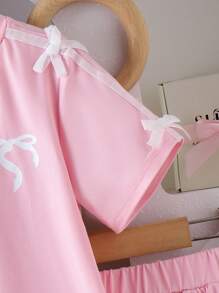 Young Girl' Black Comfortable Round Neck Bow Decor Printed Short Sleeve Top And Elastic Waist Short Skirt 2 Pieces Set - Pink - View 4