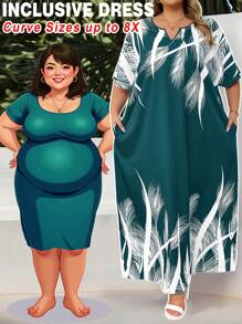SHEIN CURVE+ Spring And Summer Autumn And Winter Elegant Navy Blue Woven Notched Kaftan Dress Plus Size Dresses - Green - View 3