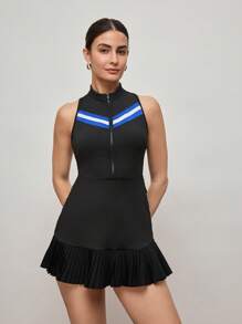 Activina 女士条纹拉链半襟褶边无袖运动连衣裙 - 藏蓝色 - 查看 6