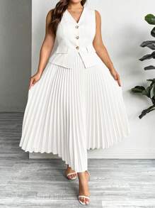 SHEIN Privé Conjunto de traje de blazer sin mangas minimalista de moda + falda larga plisada, conjunto de traje talla grande