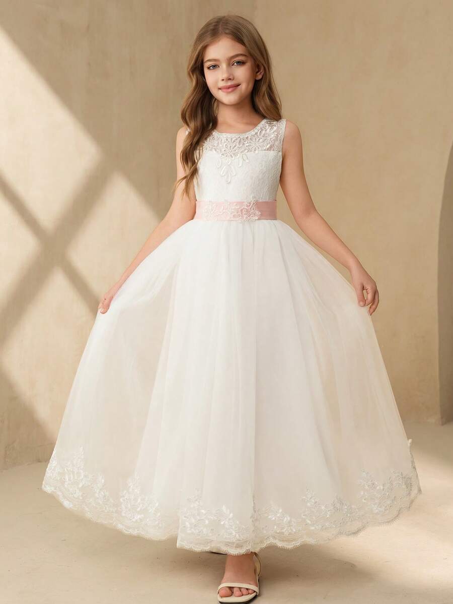 SHEIN 全新少女婚礼花童公主裙贴花薄纱泡泡裙钢琴演奏表演服花童选美礼服 - 白色 - 查看 1