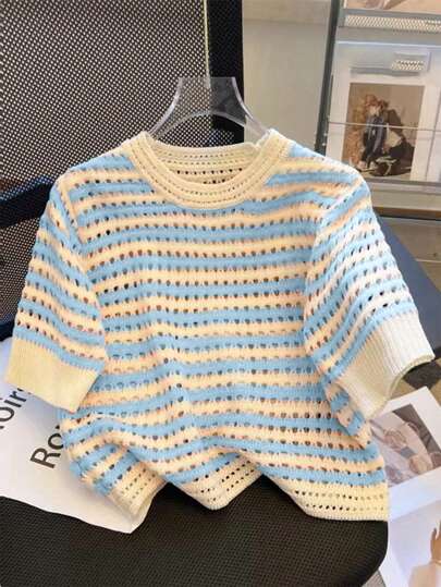 Franclia New Style Hollow Striped Short Sleeve Round Neck Cropped Knit Top For Women (Random Hollow Design)