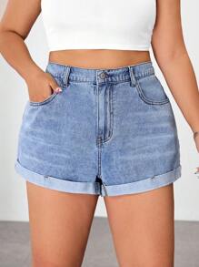 SHEIN ICON 大码女式口袋翻边休闲百搭牛仔短裤 - 藍色 - 查看 1