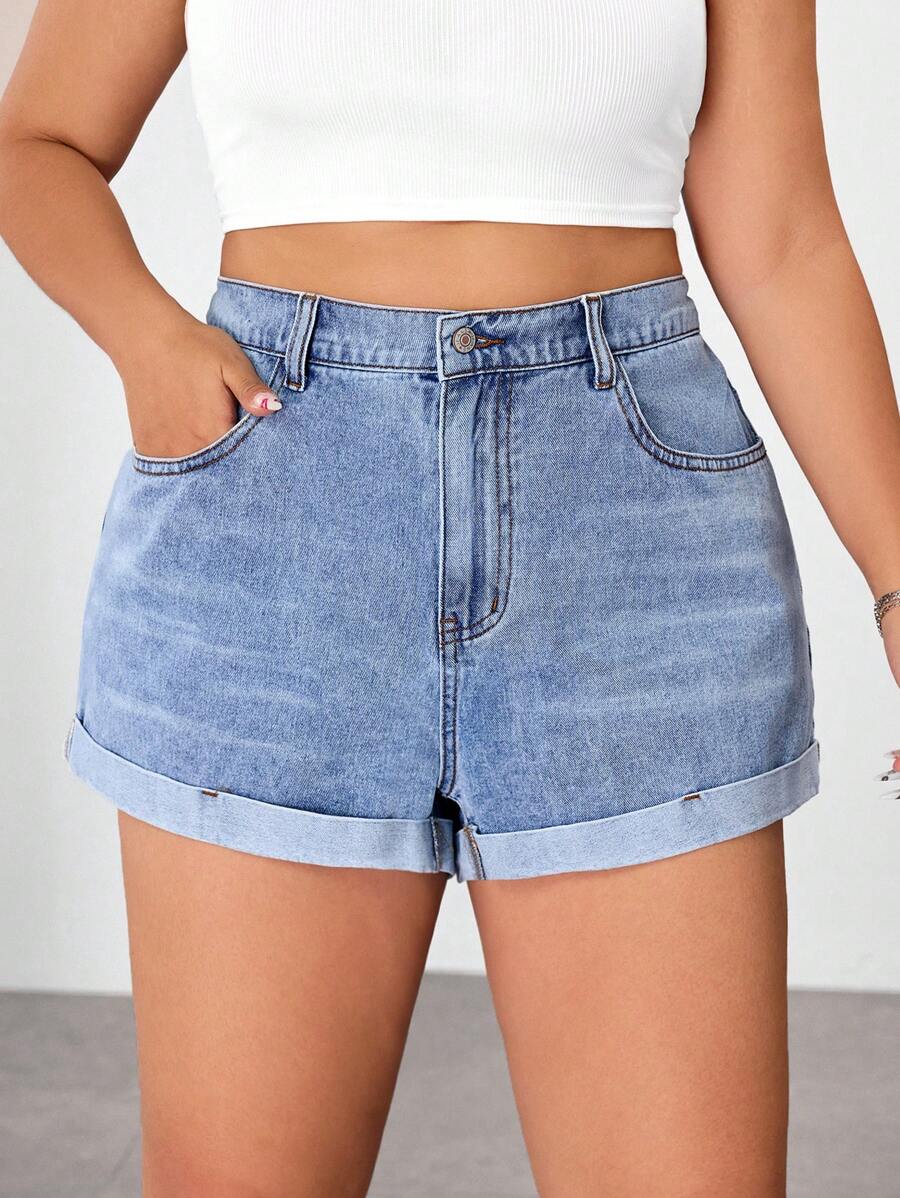 SHEIN ICON 大码女式口袋翻边休闲百搭牛仔短裤 - 藍色 - 查看 1