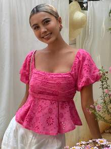 Livesso Blusa de mujer con textura, estilo de resort de playa, con volantes y corte de muñeca para vacaciones - Rosa Fucsia - Ver 4