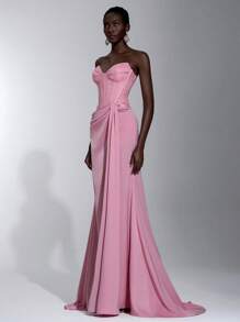 Elitara 优雅粉色蕾丝拼接缎面露肩透视胸围褶饰腰部荷叶边鱼尾长裙，适合度假、约会、生日派对、婚礼、毕业典礼、正式晚会、礼服、晚会、婚礼宾客 - 藕粉色 - 查看 4