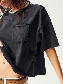 Bohemela Áo thun nữ tay ngắn cổ tròn thả vai màu trơn đơn giản thoải mái - màu đen - Xem 3