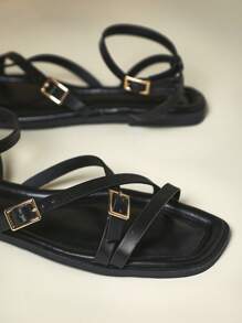 SHUZIA 女士交叉趾带踝扣平底凉鞋 - 黑色 - 查看 6