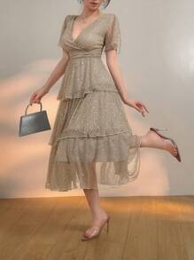 DAZY 夏季优雅婚礼宾客礼服 V领荷叶袖中长亮片连衣裙 女士奢华舞会礼服 闪亮连衣裙 长款连衣裙 - 淺灰色 - 查看 4