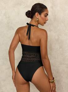 Swim Chiccia Áo ba lỗ ren rỗng thêu hoa màu be, đen, hồng thanh lịch cho nữ, áo bikini cho mùa xuân, mùa hè, mặc hàng ngày, đi biển, đi nghỉ - màu đen - Xem 2