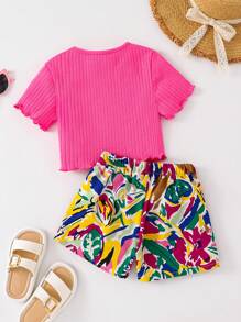 SHEIN Leap Crew 2pcs Young Girl Casual Vacation Solid Color Short Sleeve Top & Allover Print Shorts Set - Hot Pink - View 2