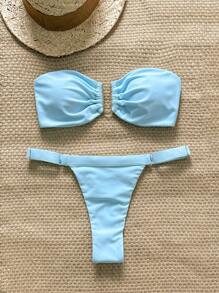 Swim Chiccia Spring Break Women Summer Solid Color Metallic Bandeau Top And Thong Brief 2 Pieces Bikini Set - Blue - View 1