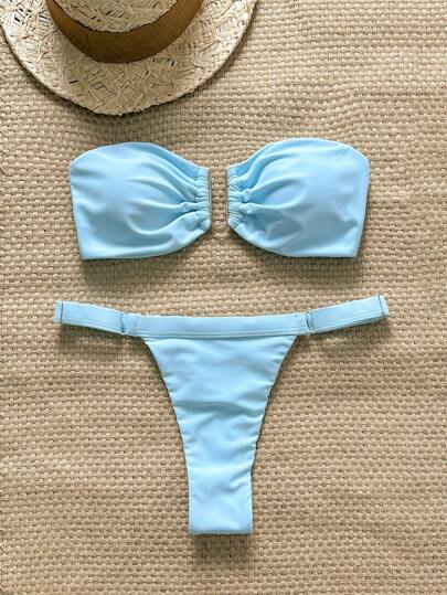 Swim Chiccia Conjunto de bikini de 2 piezas con top bandeau y tanga de unicolor metálico para mujer, ideal para el verano