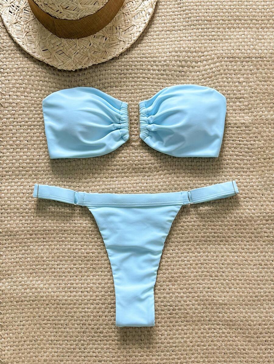 Swim Chiccia Spring Break Women Summer Solid Color Metallic Bandeau Top And Thong Brief 2 Pieces Bikini Set - Blue - View 1
