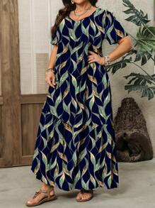 EMERY ROSE Plus Size Women Summer  Casual V-Neck  Short Sleeve Simple Floral Print Long Dress,Vacation Outfits Women,Simple And Fashionable For Everyday Wear - Multicolor - View 5