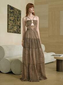 Arave 女士条纹印花细肩带露背百褶复古优雅连衣裙，女士夏季连衣裙，女士夏季服装，女士复活节连衣裙，扎染连衣裙，长裙，女士婚礼宾客礼服，女士正式礼服，度假礼服 - 軍綠色 - 查看 7