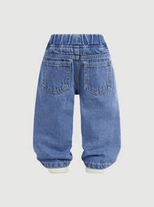 SHEIN 男婴石洗涂鸦字母印花破洞磨损宽松直筒蓝色牛仔裤，适合街头服饰和春夏服装