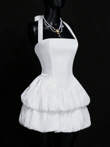 SHEIN ICON Summer Elegant Solid Color Backless Halter Birthday Party Graduation White Mini Dress With Ruffle - White - View 10
