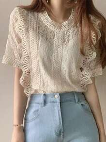 Chiquease Elegant Lace Round Neck Short Sleeve Blouse, Chic Beige Color, Spring/Summer - Apricot - View 1