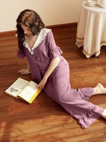 法式复古彼得潘领荷叶边女士睡衣套装节日季 - 淺灰紫 - 查看 5