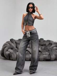Jeans casual, diritti, con vita bassa, versatili, con tasche, in stile retrò, da donna