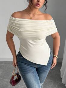 Elenzga Maglietta aderente con scollo quadrato, spalle scoperte, volant su orlo, per donna, elegante, per primavera/estate