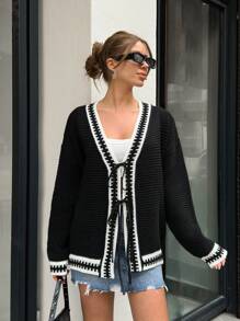 EURMUSE Women Contrast Hem Detailed Front Tie Chunky Cardigan,Long Cardigans Woman,Petite Cardigans,Cardigans - Black - View 1