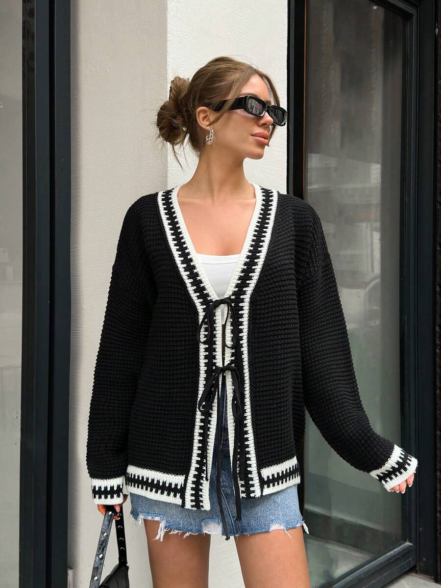 EURMUSE Women Contrast Hem Detailed Front Tie Chunky Cardigan,Long Cardigans Woman,Petite Cardigans,Cardigans - Black - View 1