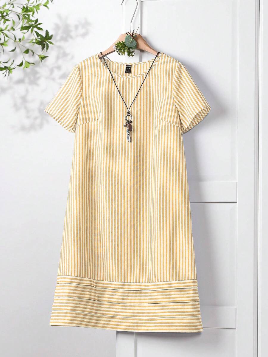 Rusticease Women's Striped Print Pleated Hem Short Sleeve Dress, Holiday And Casual - Yellow - View 1