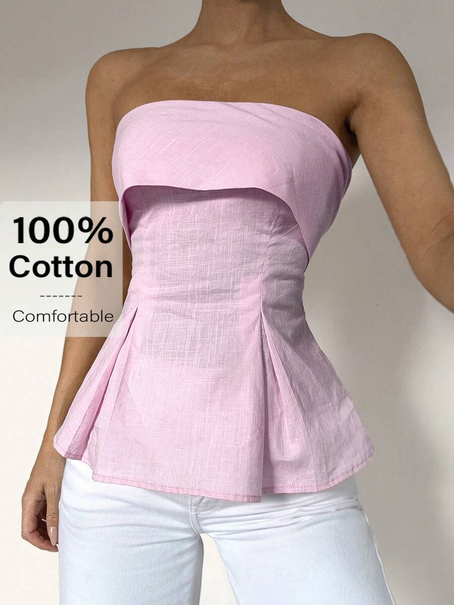 Siren Gaze 粉色亚麻棉抹胸：凸显腰线的波西米亚风职场穿搭 | Old Money Elegance 2025 夏季新品发布 | 日夜转换与职场魅惑风格 - 淺粉色 - 查看 1